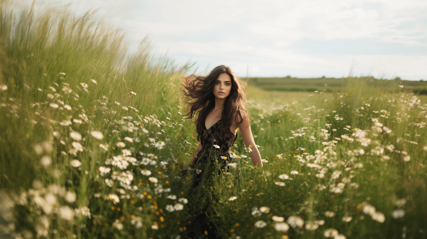 девушка в поле собирает ромашки